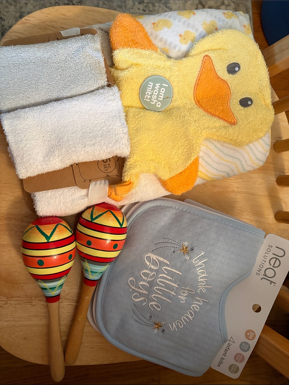 Baby Wash & Towel Set + Baby Boys Bibs & Set of Wooden Maraca Rattles.